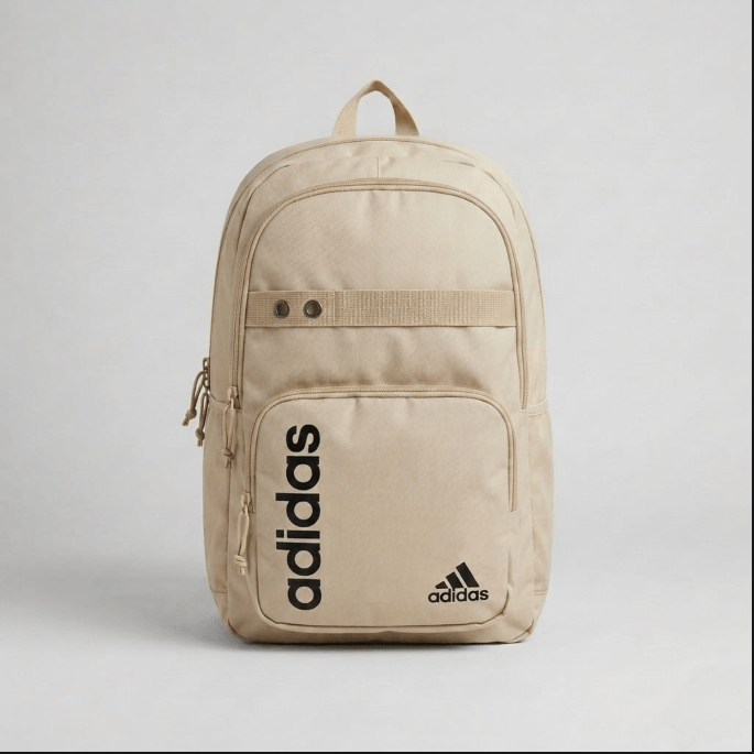 Beige or tan Adidas Linear Utility Backpack standing upright