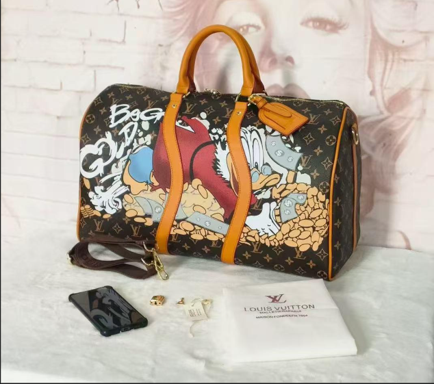 Louis Vuitton Monogram Keepall Bandoulière Custom Scrooge McDuck Graffiti Travel Bag