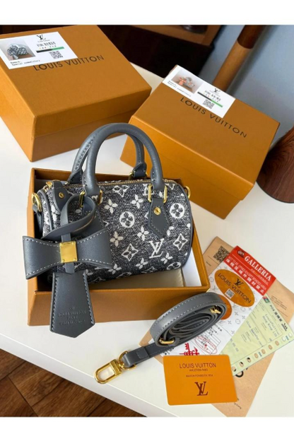 Louis Vuitton Damier Ebene Papillon BB Barrel Bag with Decorative Bow Accent