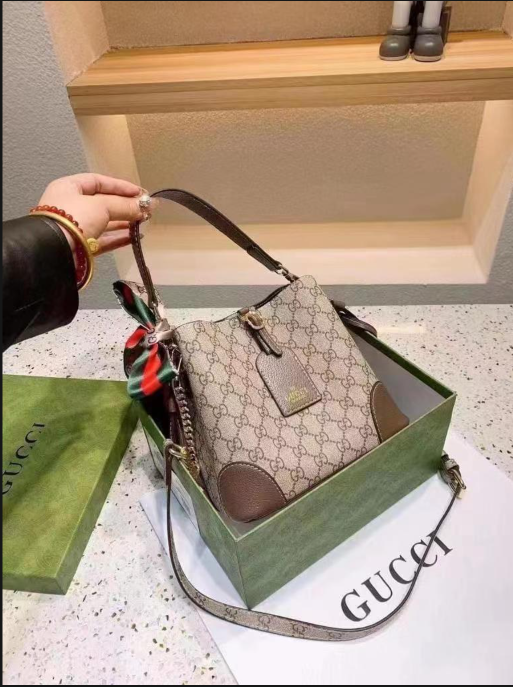 Gucci Neo Vintage GG Supreme Small Bucket Bag with Leather Trim