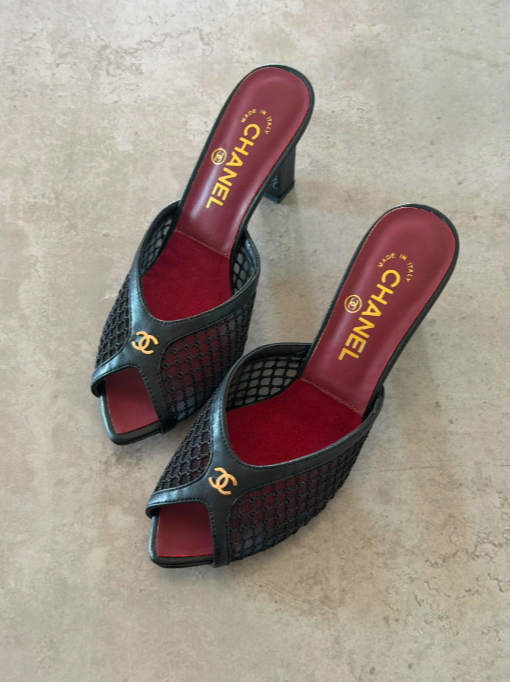 CHANEL Mesh & Leather Peep-Toe Mules