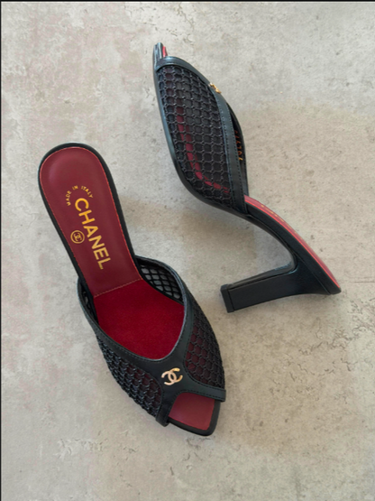 CHANEL Mesh & Leather Peep-Toe Mules