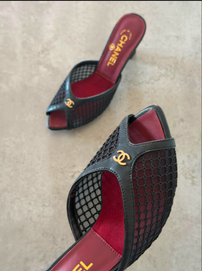 CHANEL Mesh & Leather Peep-Toe Mules