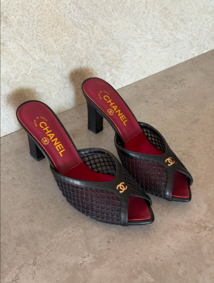 CHANEL Mesh & Leather Peep-Toe Mules
