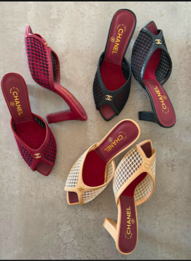 CHANEL Mesh & Leather Peep-Toe Mules