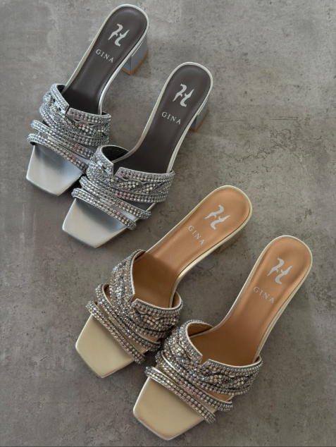Gina London Crystal-Embellished Metallic Leather Block Heel Sandals