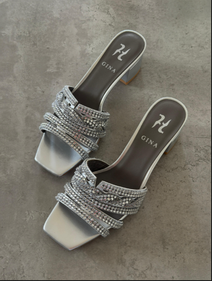 Gina London Crystal-Embellished Metallic Leather Block Heel Sandals