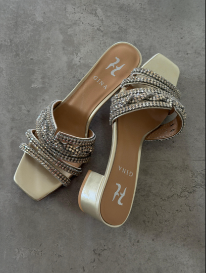 Gina London Crystal-Embellished Metallic Leather Block Heel Sandals