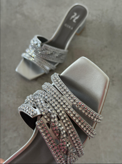 Gina London Crystal-Embellished Metallic Leather Block Heel Sandals