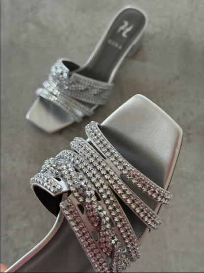 Gina London Crystal-Embellished Metallic Leather Block Heel Sandals