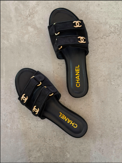 Chanel Suede Double-Strap Mule Slide Sandals