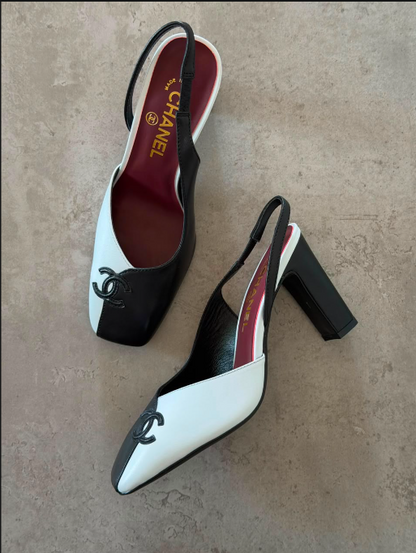 Chanel Two-Tone Slingbacks (specifically the Square-Toe Block Heel variation).