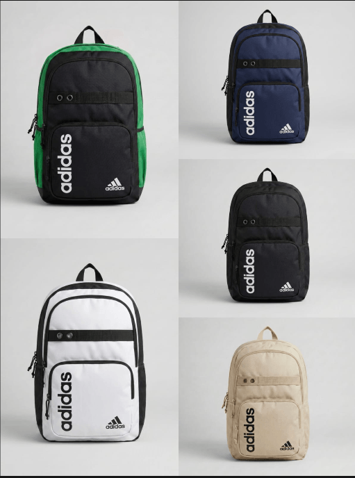 Adidas Linear Utility Backpack collection featuring green, navy, black, white, and beige designs.