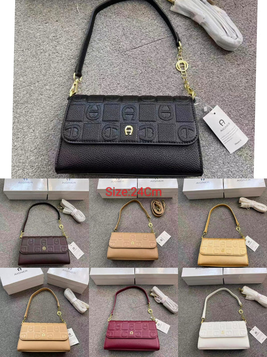 Aigner Monogram Embossed Leather Shoulder Bag with Convertible Strap