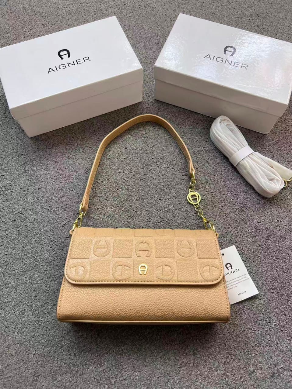 Aigner Monogram Embossed Leather Shoulder Bag with Convertible Strap