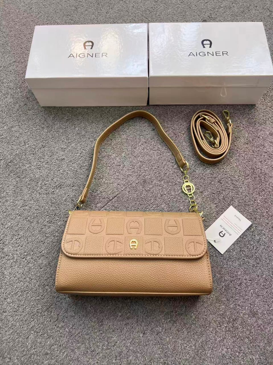 Aigner Monogram Embossed Leather Shoulder Bag with Convertible Strap