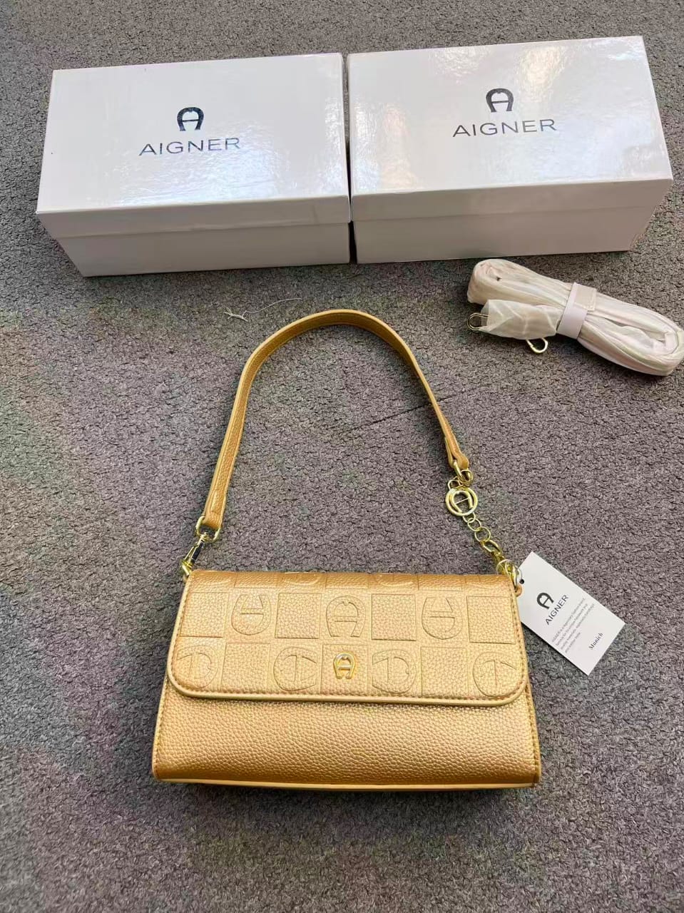 Aigner Monogram Embossed Leather Shoulder Bag with Convertible Strap
