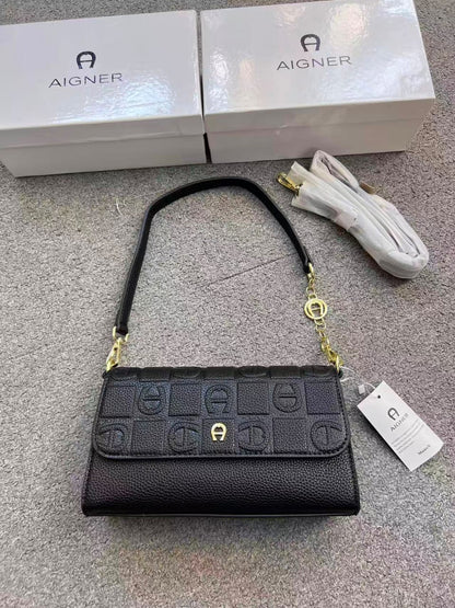 Aigner Monogram Embossed Leather Shoulder Bag with Convertible Strap