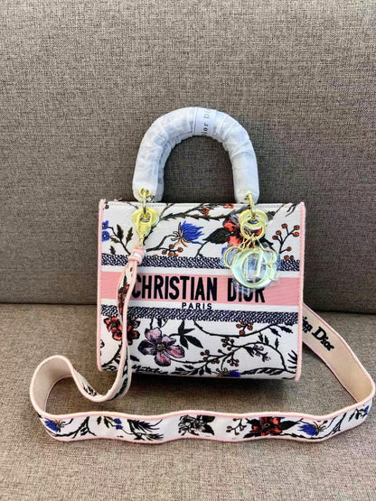 Dior Luxury Floral Embroidered Lady Tote Bag with Wide Strap