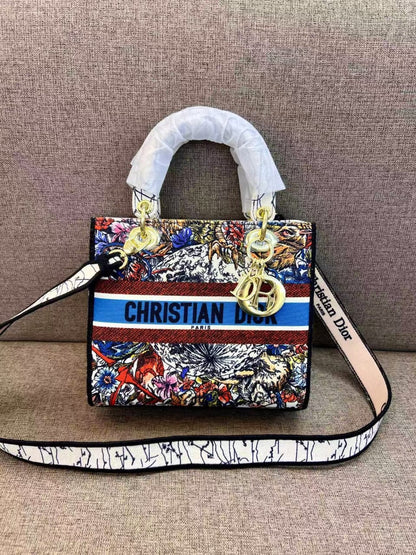 Dior Luxury Floral Embroidered Lady Tote Bag with Wide Strap